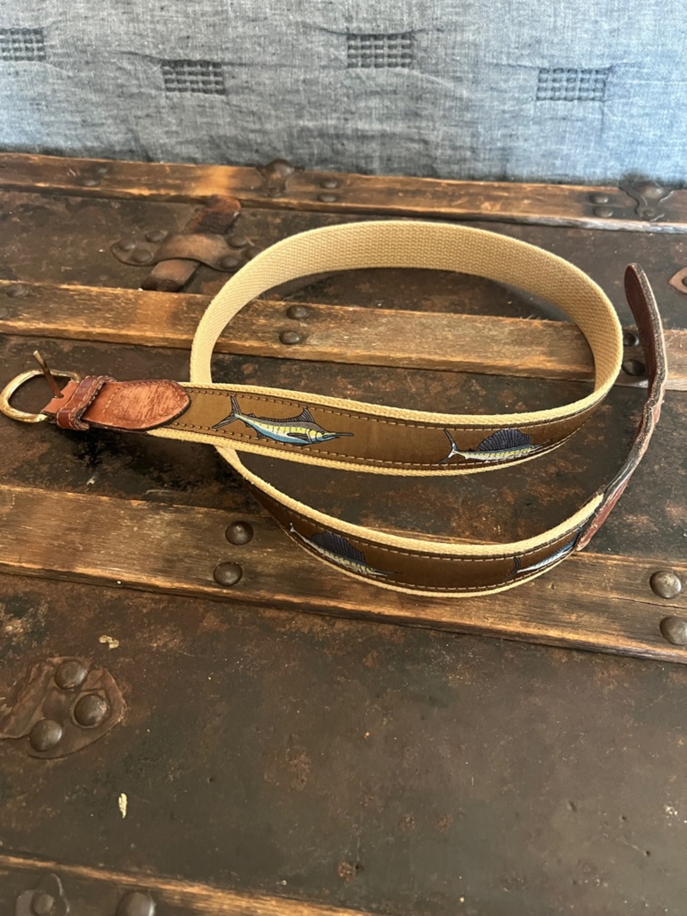 Brown Canvas & Leather Men’s Belt with Fish Motif